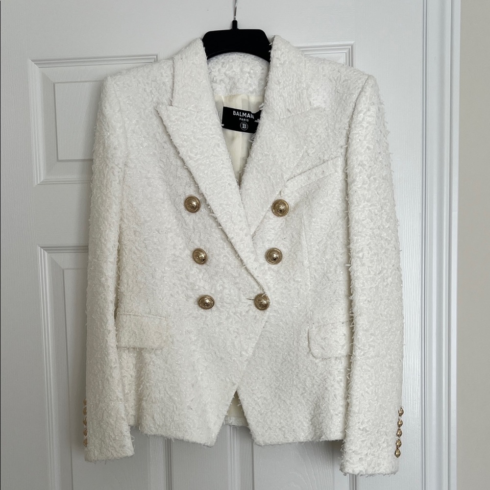 Balmain Ivory Textured Blazer with Gold Buttons